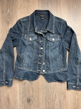 White House Black Market Dressy Jean Jacket with Scalloped Bottom Hem